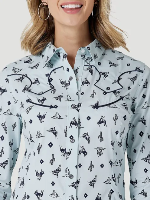 112327262 - Wrangler Women’s LS Retro Cactus Western Snap Shirt - Blue Print