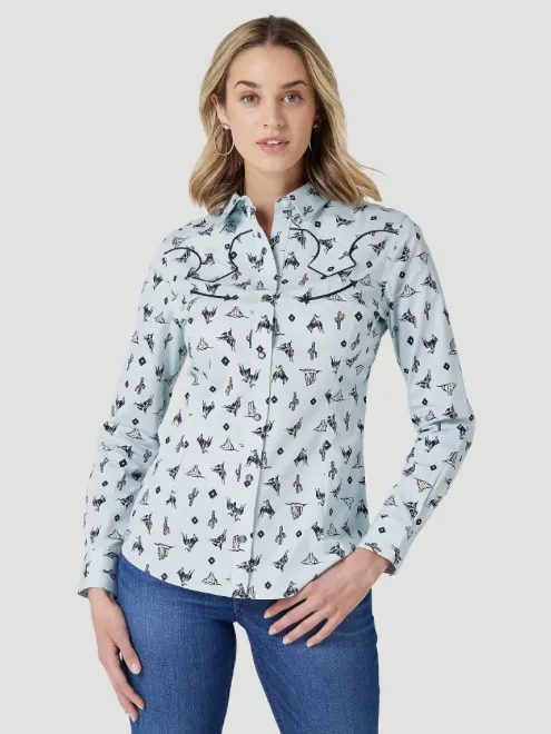 112327262 - Wrangler Women’s LS Retro Cactus Western Snap Shirt - Blue Print