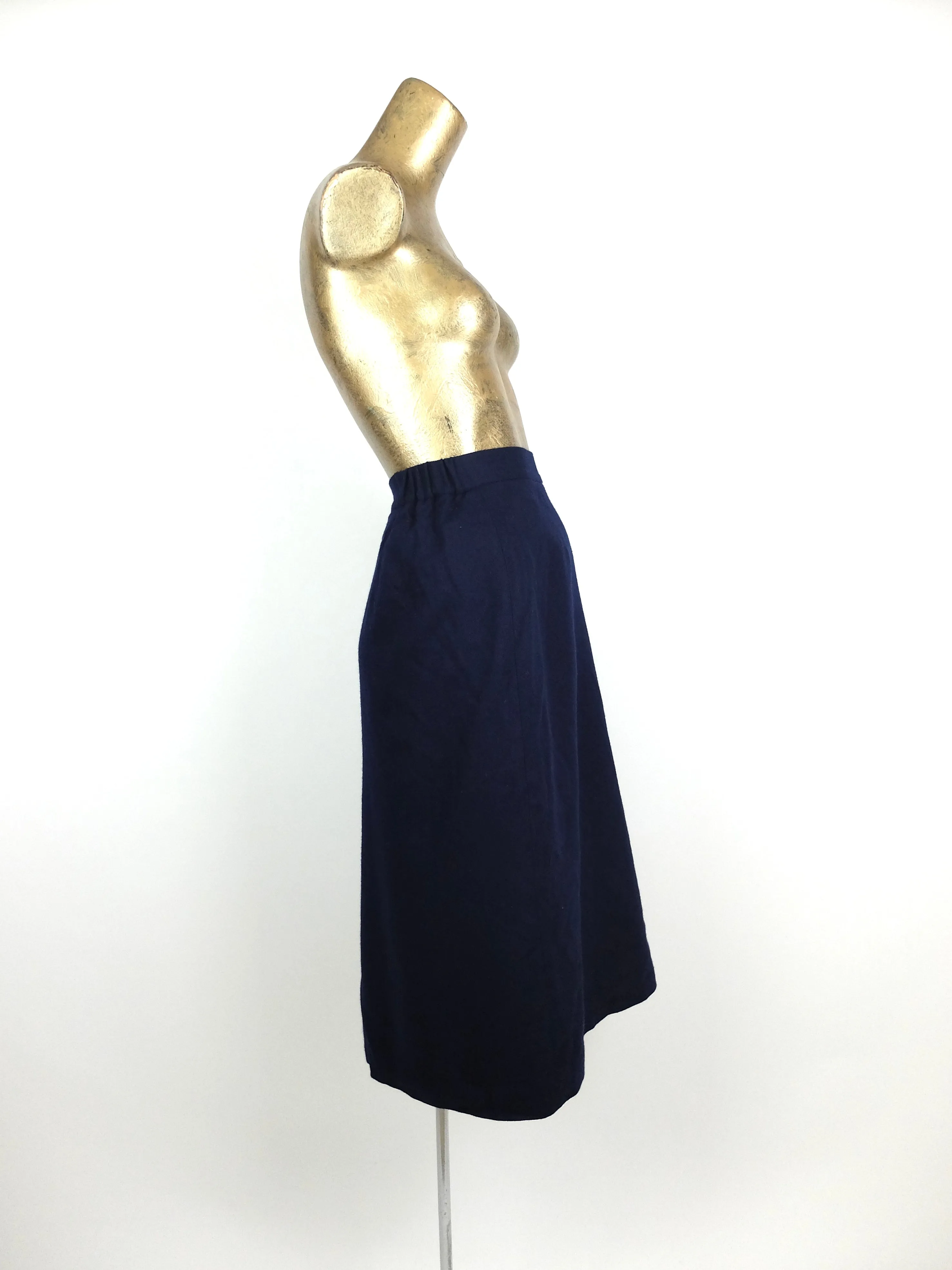 70s Mod Navy Blue Basic Wool High Waisted A-Line Midi Pencil Skirt