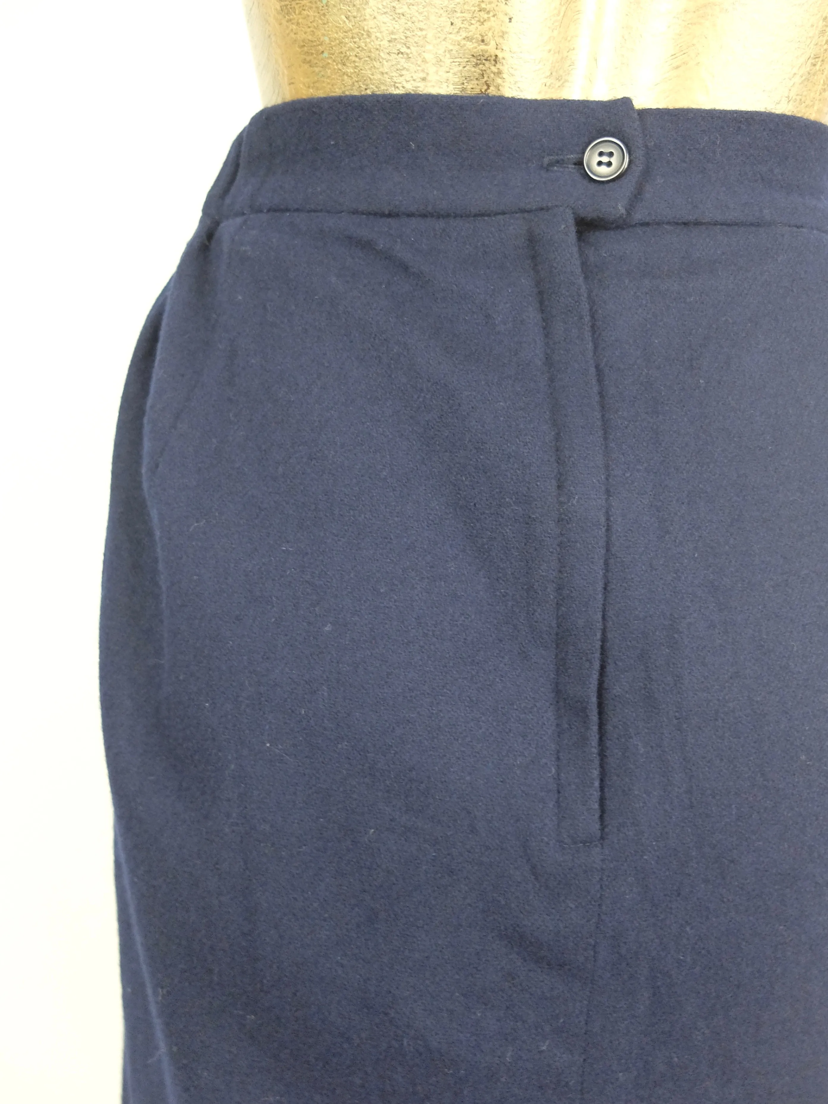 70s Mod Navy Blue Basic Wool High Waisted A-Line Midi Pencil Skirt