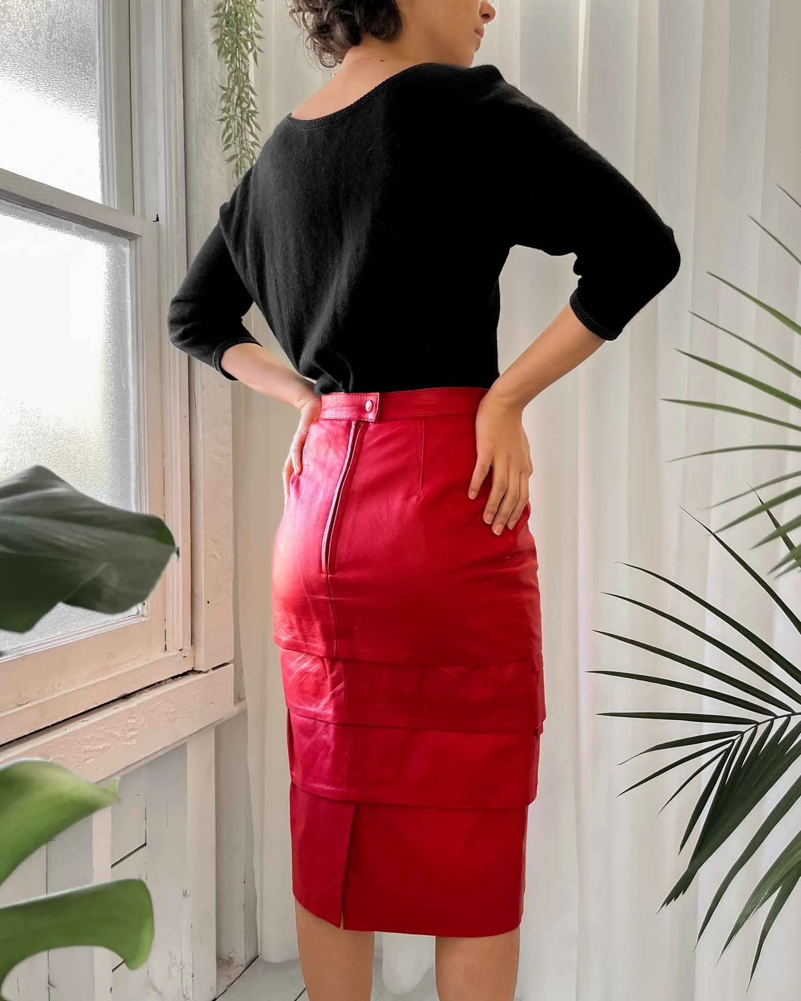 80s Red Leather Midi Skirt | XS