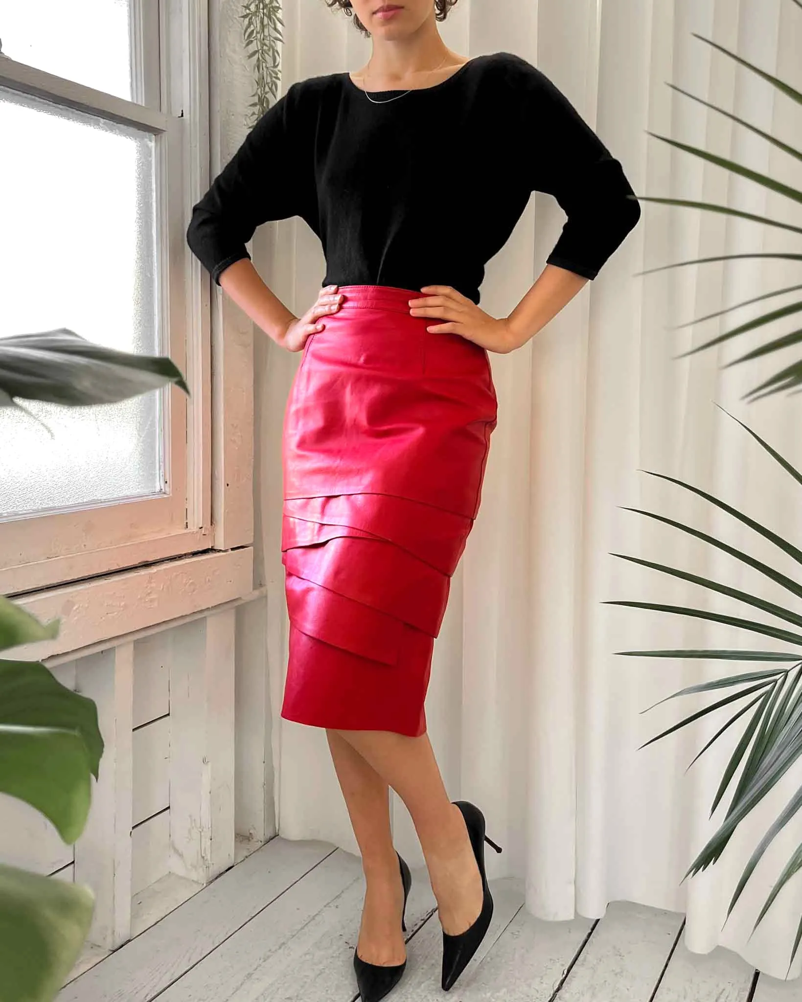 80s Red Leather Midi Skirt | XS