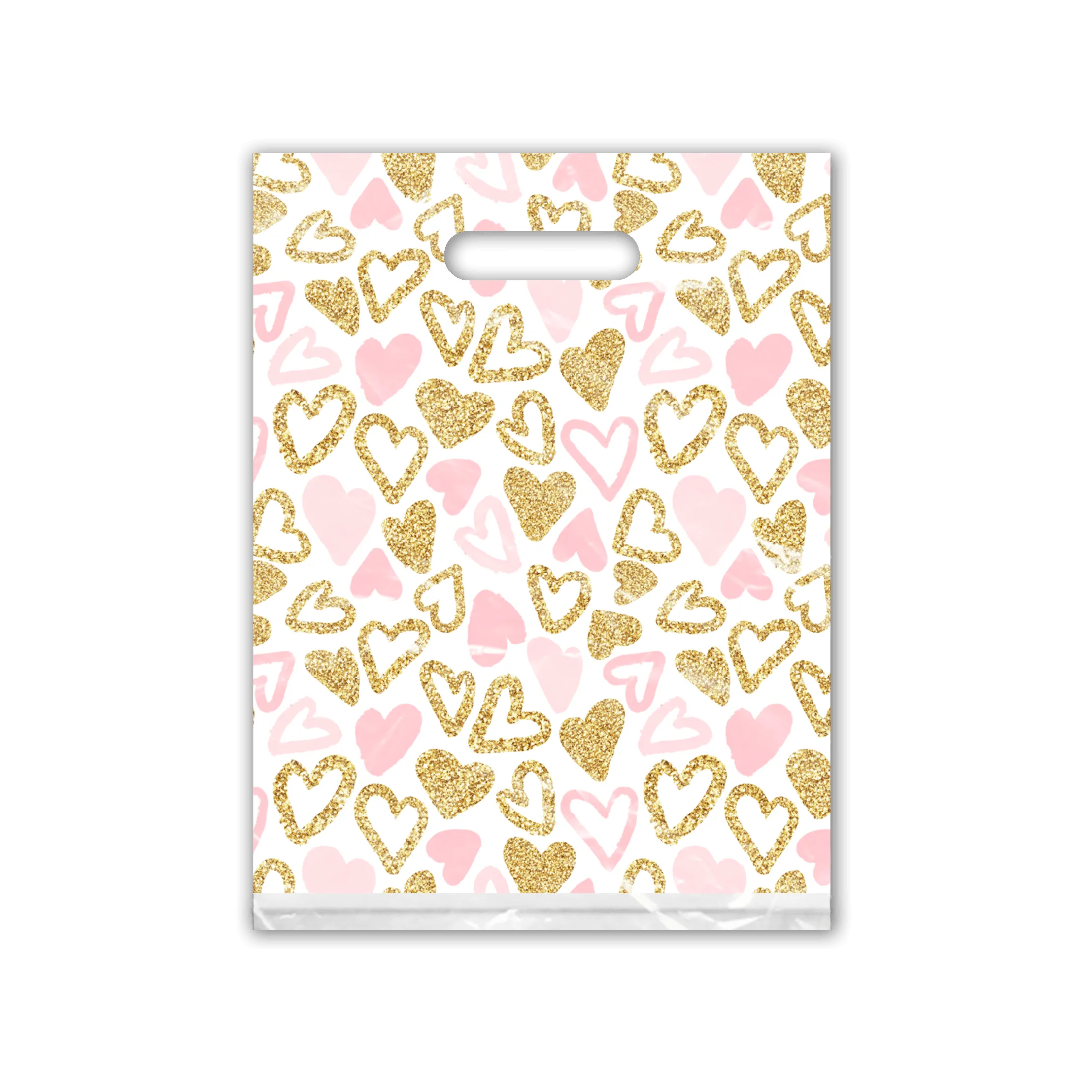 9x12 Pink and Gold Hearts Designer Poly Plastic Merchandise Bags Premium Printed Bags