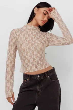 A La Mode Long Sleeve Lace Top Taupe