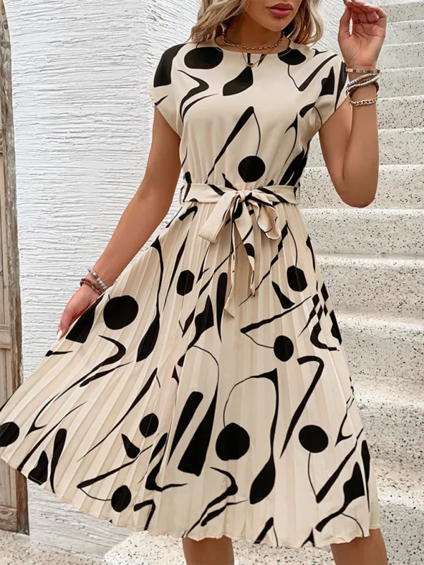 Abstract Print Pleated Midi Dress