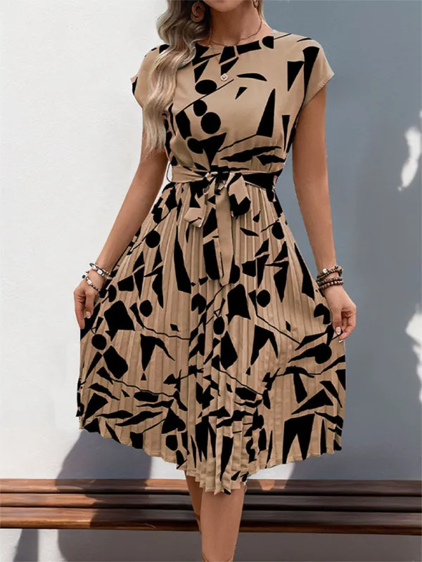 Abstract Print Pleated Midi Dress