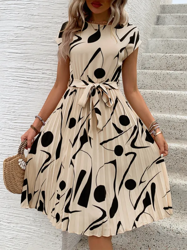 Abstract Print Pleated Midi Dress