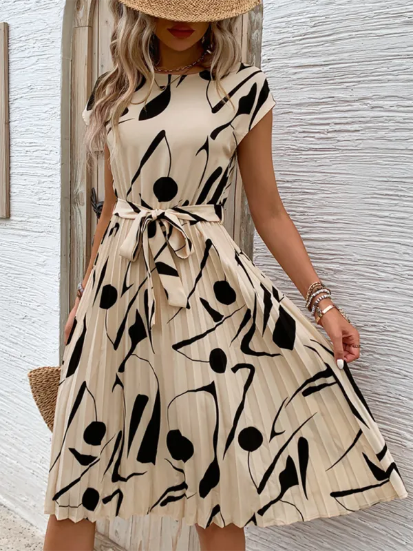 Abstract Print Pleated Midi Dress