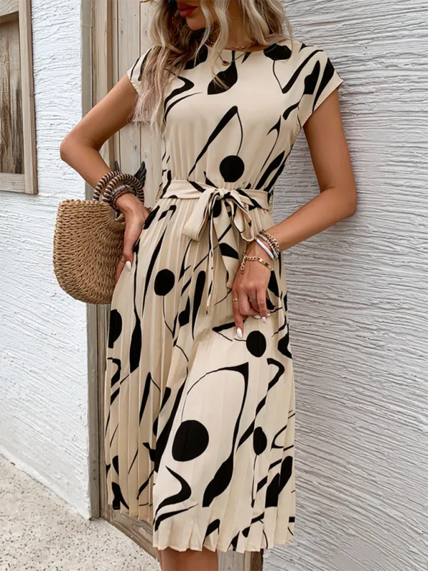 Abstract Print Pleated Midi Dress