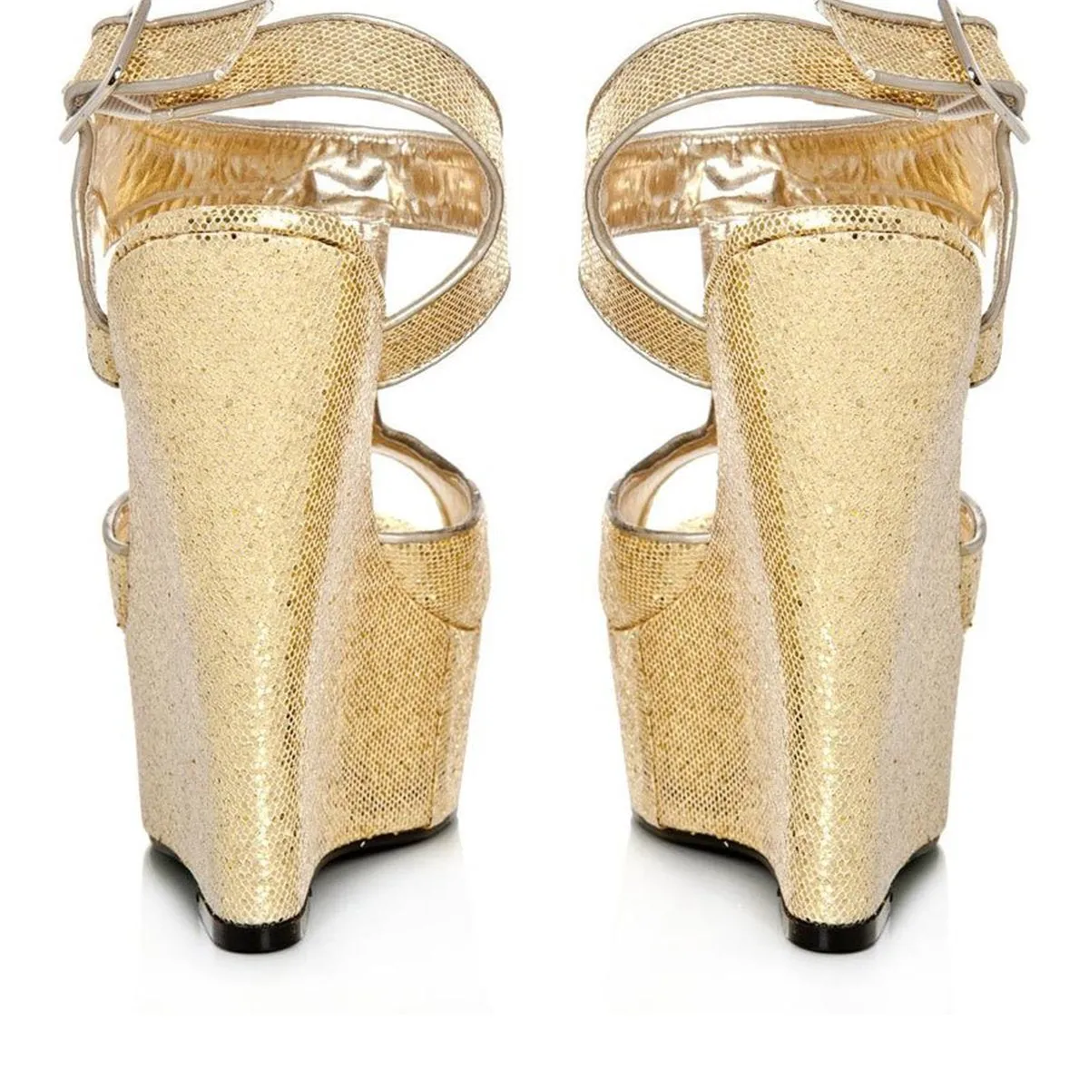 Acute glittery platform peep toe t-bar wedge high heel sandal