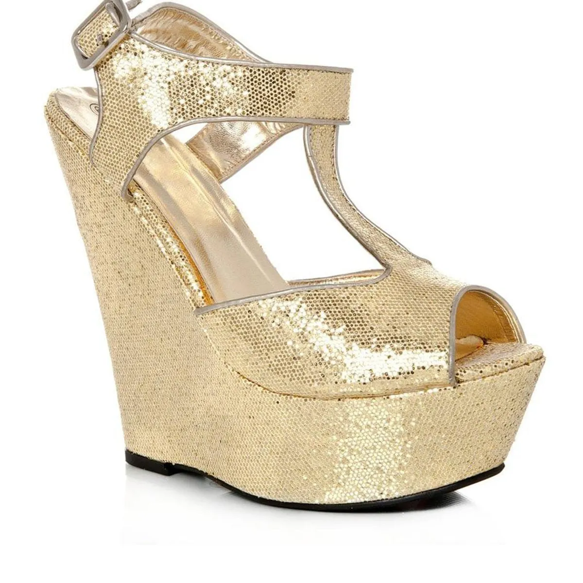 Acute glittery platform peep toe t-bar wedge high heel sandal