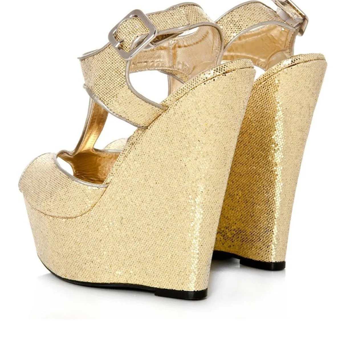 Acute glittery platform peep toe t-bar wedge high heel sandal