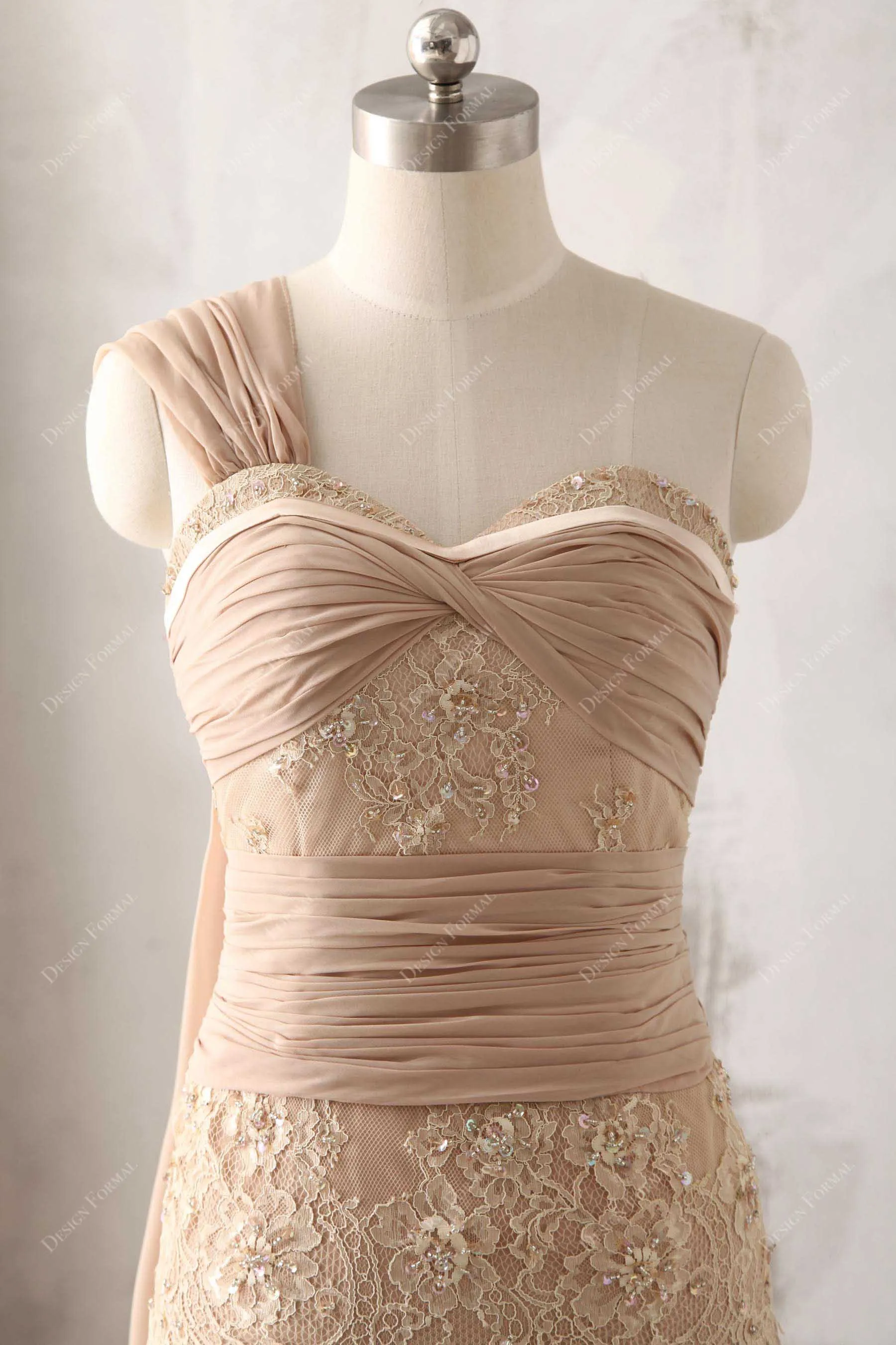 Apricot Pleated Chiffon One Shoulder Lace Designer Long Dress