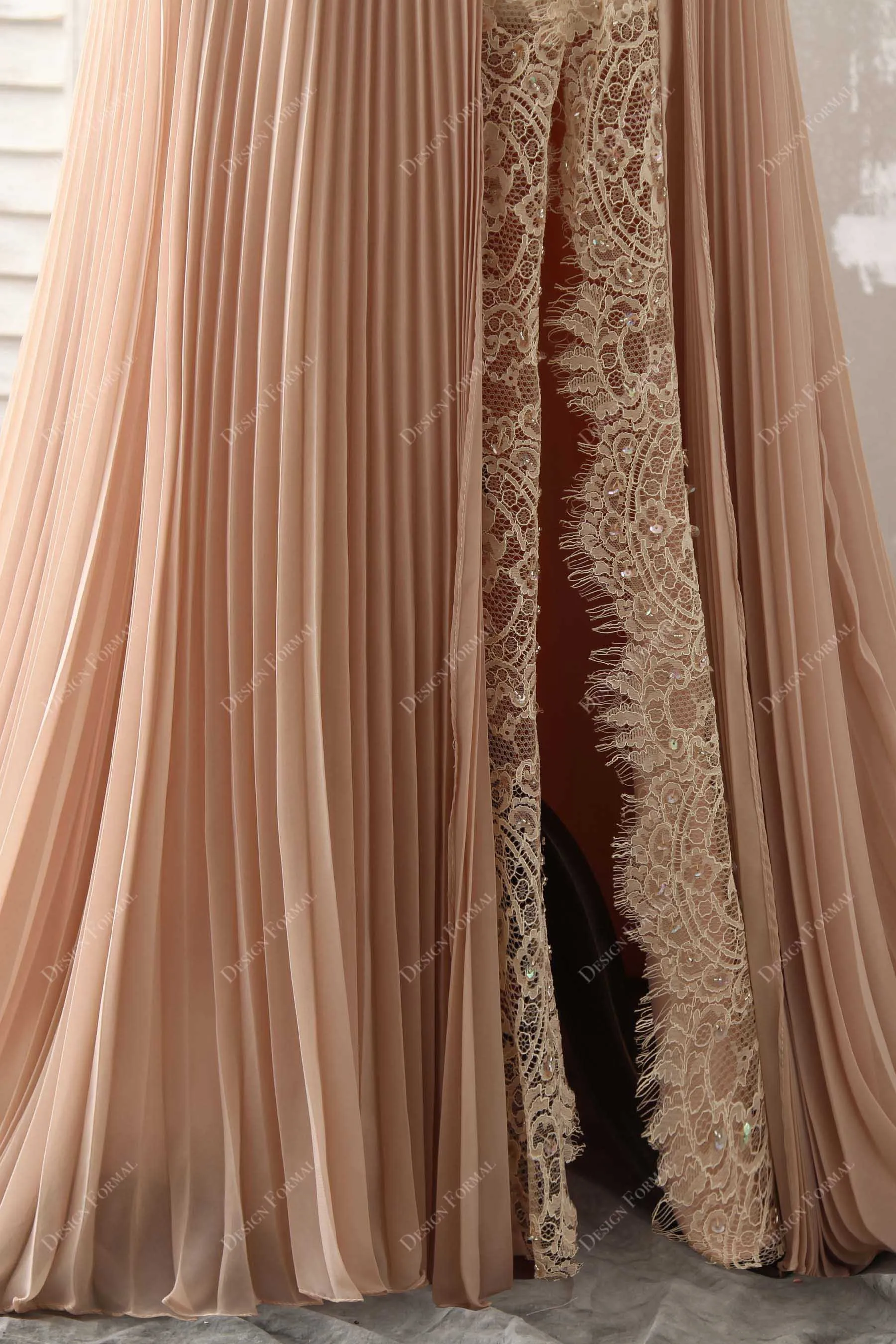 Apricot Pleated Chiffon One Shoulder Lace Designer Long Dress