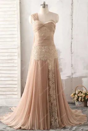 Apricot Pleated Chiffon One Shoulder Lace Designer Long Dress