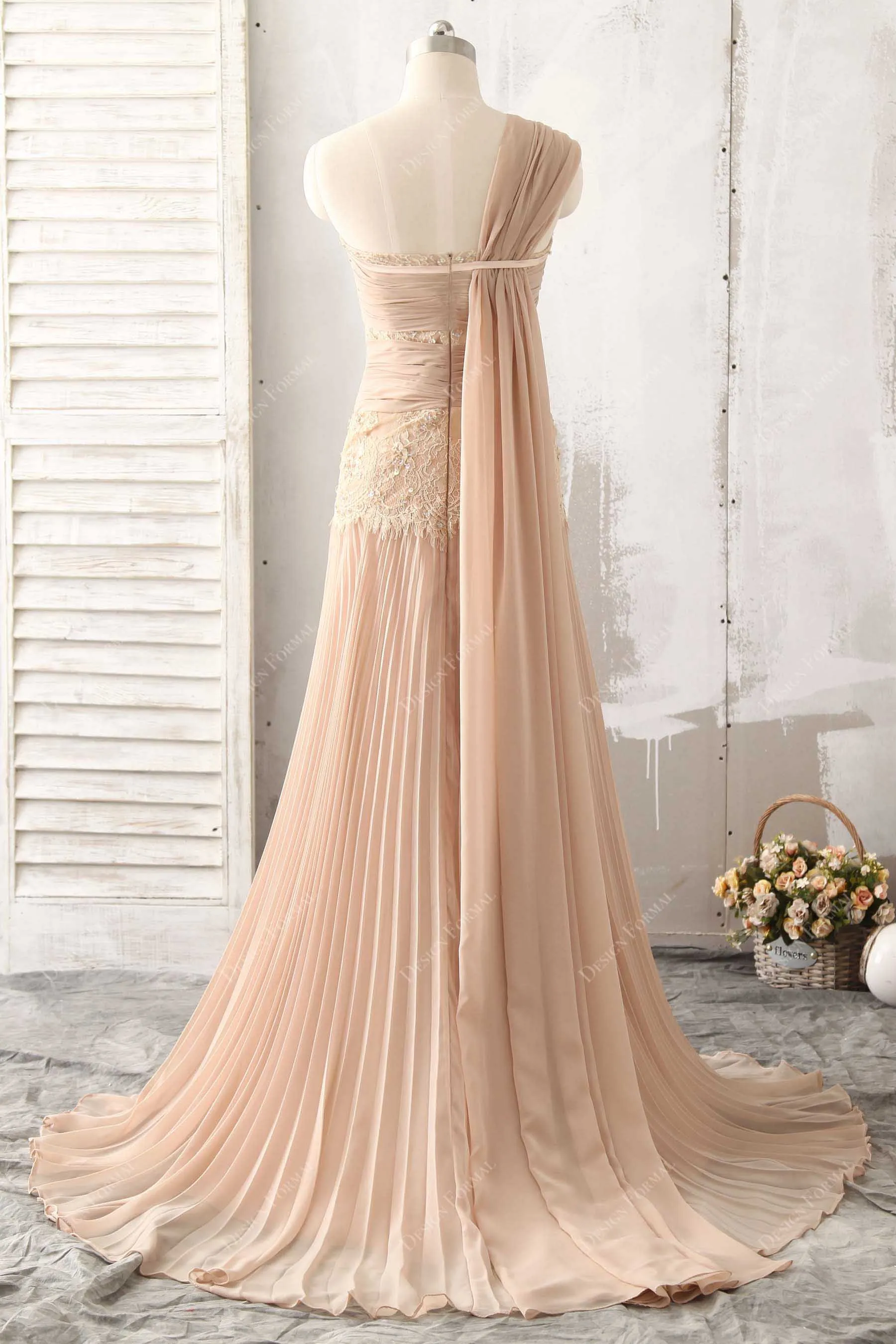 Apricot Pleated Chiffon One Shoulder Lace Designer Long Dress