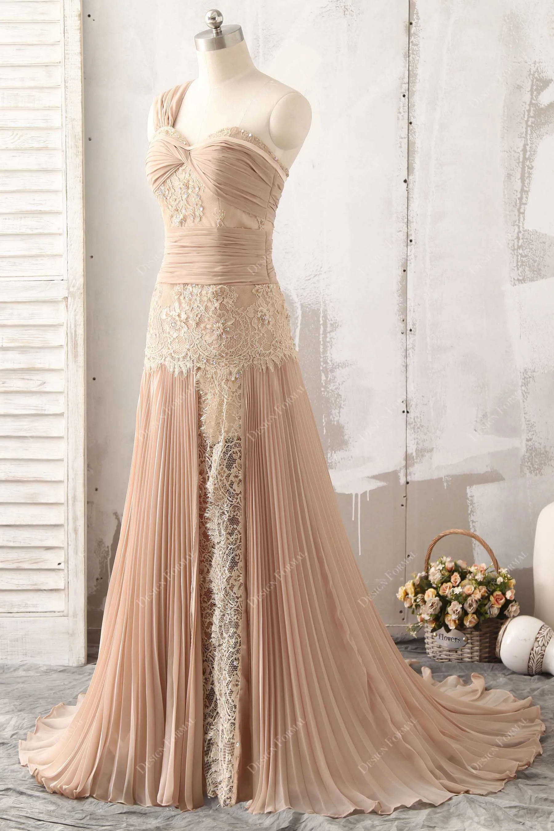 Apricot Pleated Chiffon One Shoulder Lace Designer Long Dress