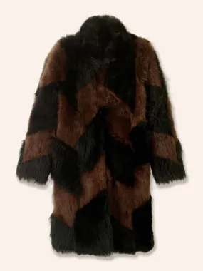 Black and brown shearling patchwork coat