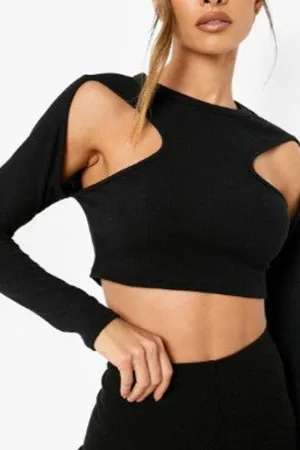 Black Crinkle Long Sleeve Cut Out Racer Top