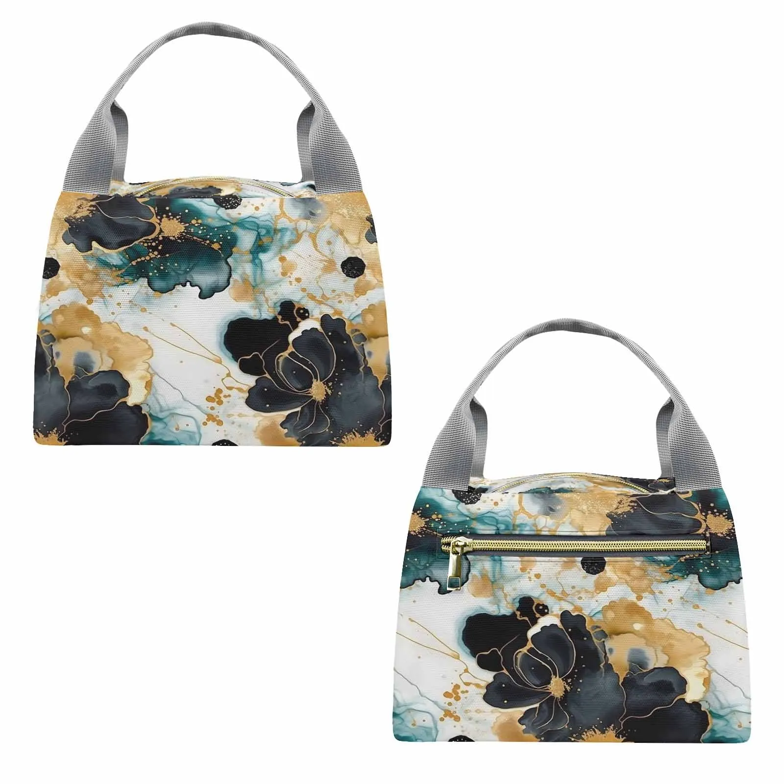 Black Gold & Green Ink Floral  Portable Lunch Bag-Grey Handle