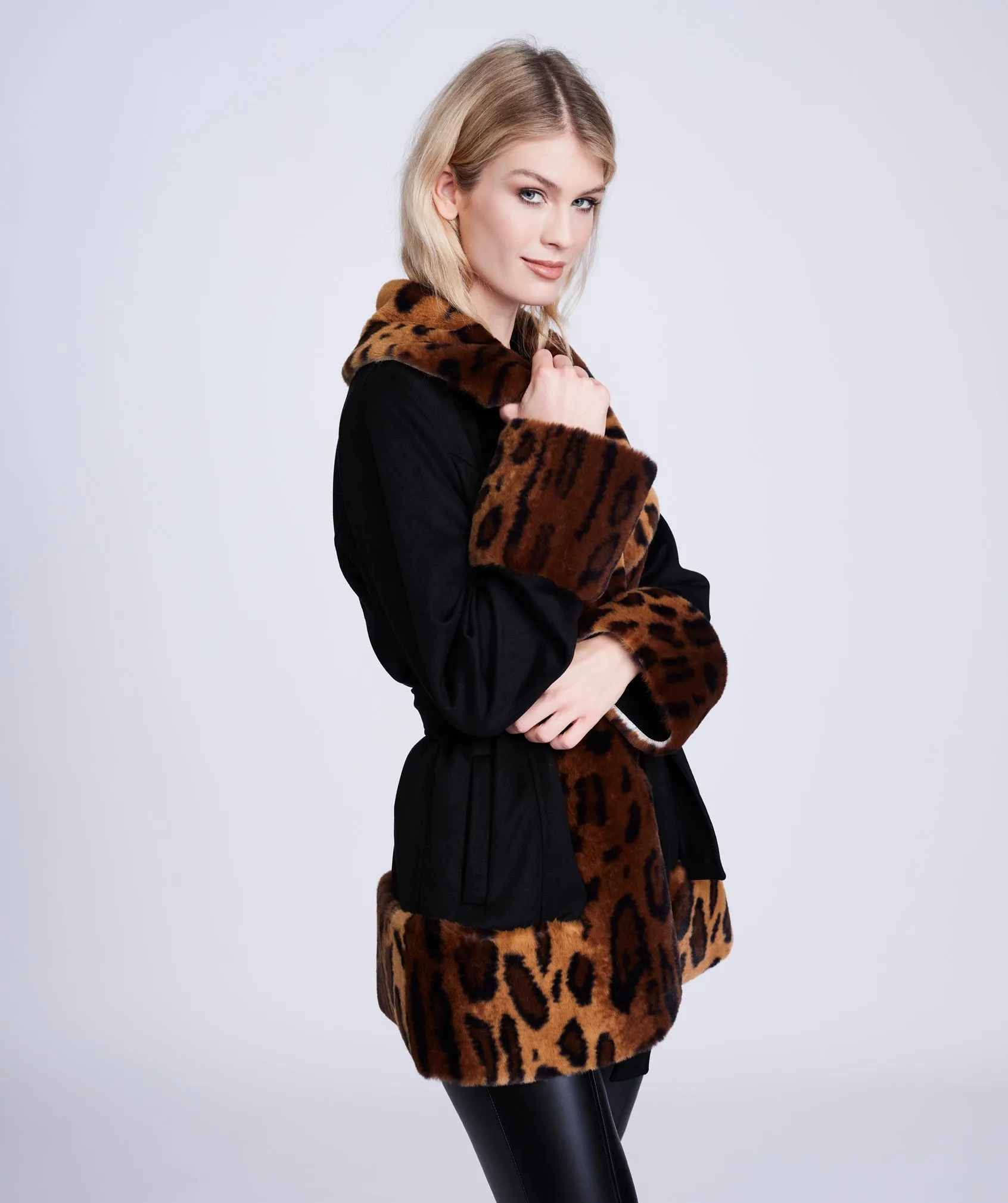 Black Leopard Print Faux Fur Coat with Shawl Collar