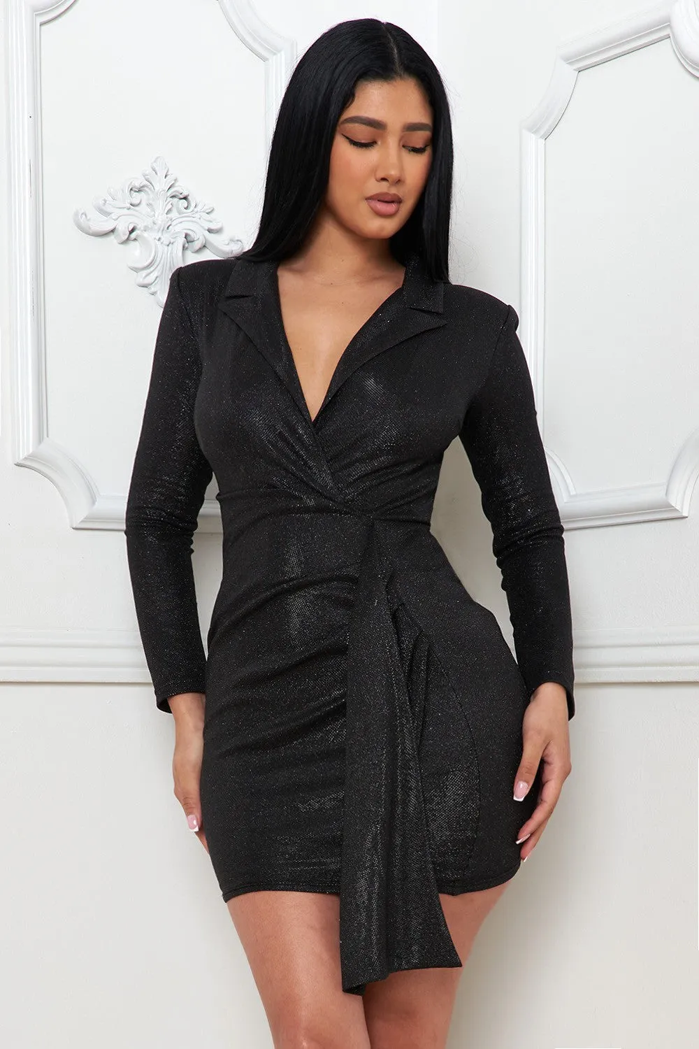 Black Metallic Glitter Suit Mini Dress