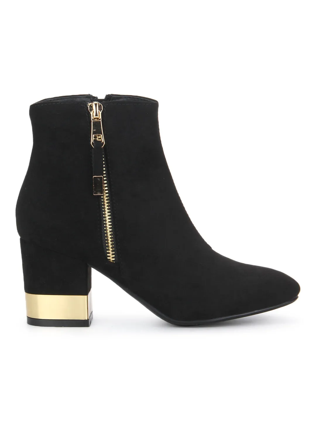 Black Micro Golden Heel Side Zipper Ankle Boots