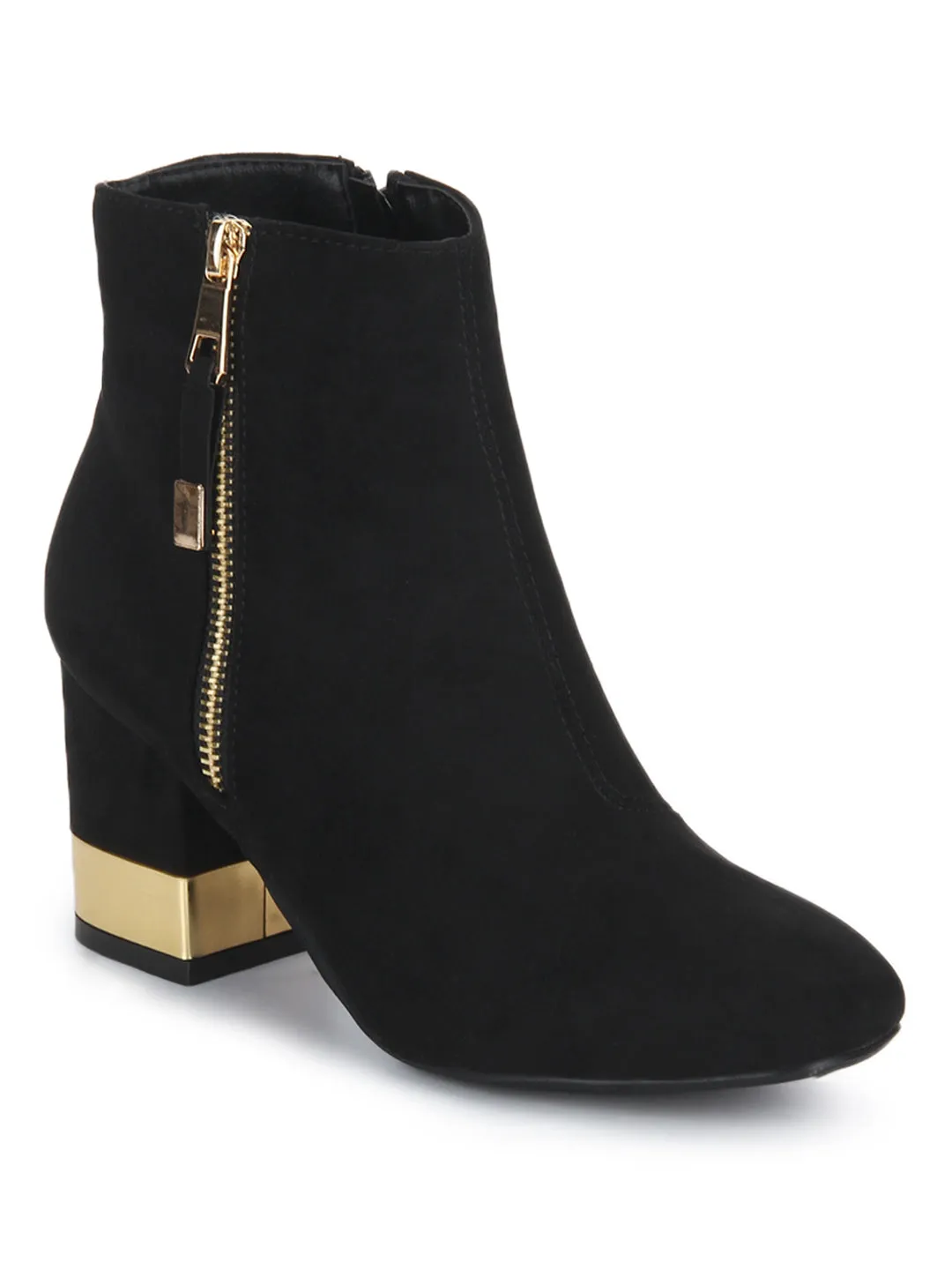 Black Micro Golden Heel Side Zipper Ankle Boots