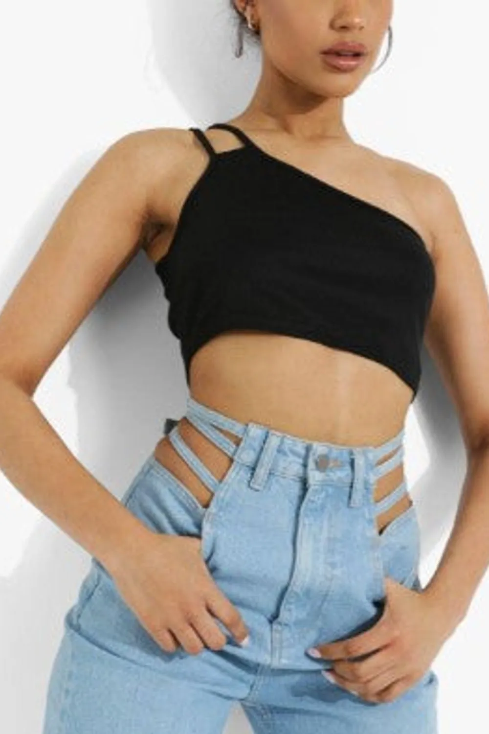 Black One Shoulder Rib Crop Top