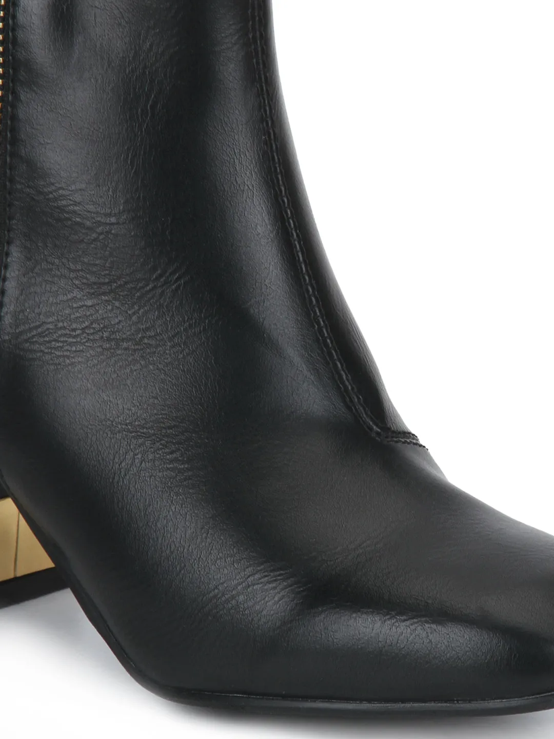 Black PU Golden Heel Side Zipper Ankle Boots