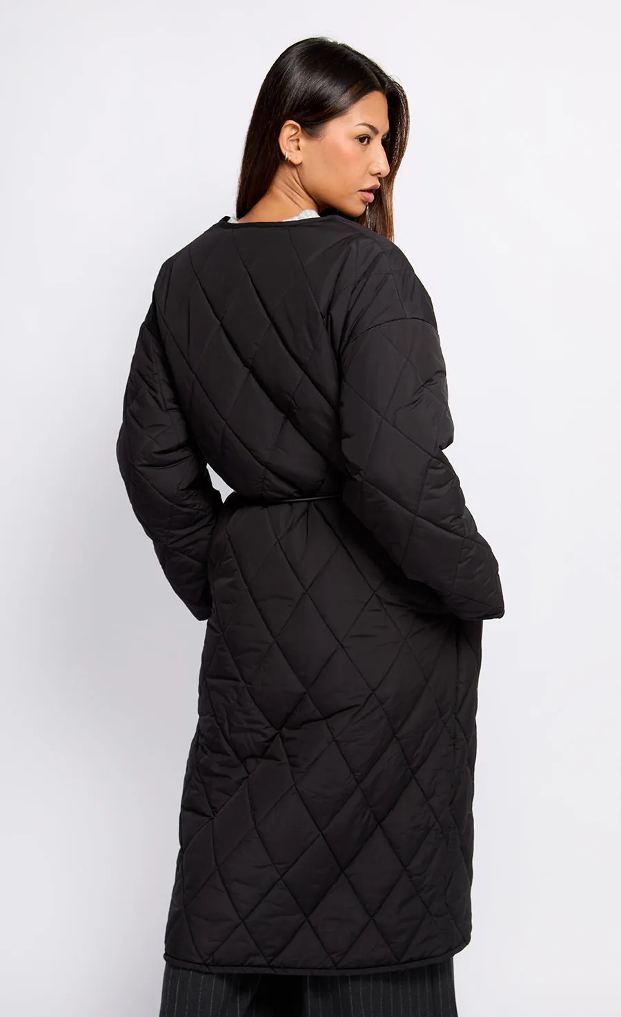 Black Quilted Belted Coat by Vogue Williams