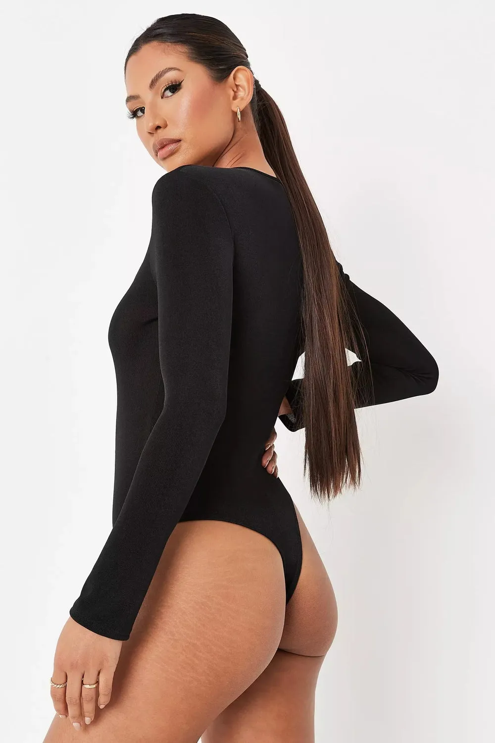 Black Rib Ring Cut Out Slinky Bodysuit