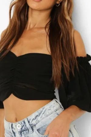 Black Ruched Detail Bandeau Off Shoulder Top