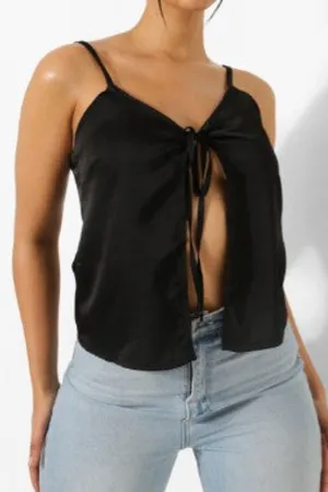 Black Satin Tie Front Cami Top