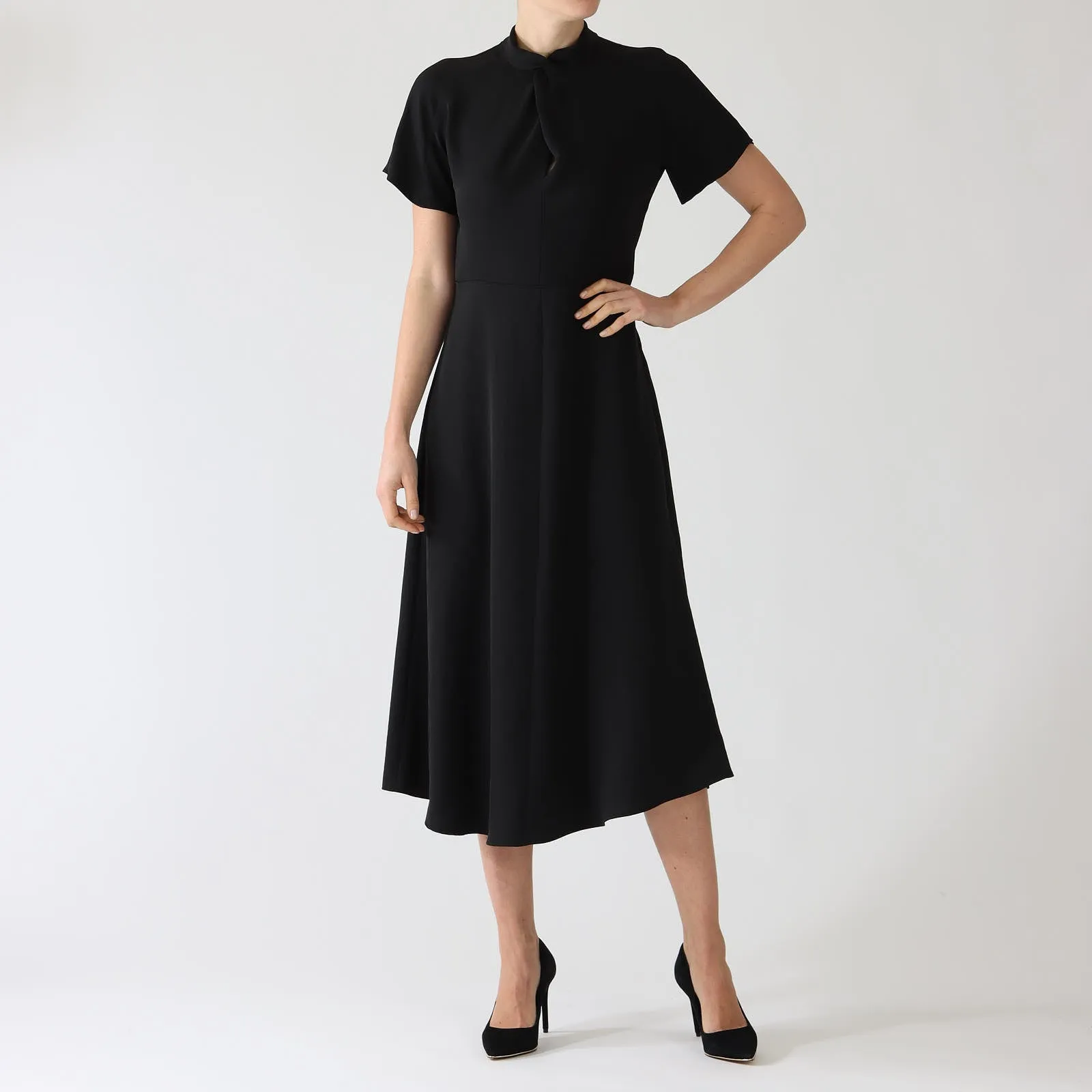 Black Twist Neck A-Line Midi Dress