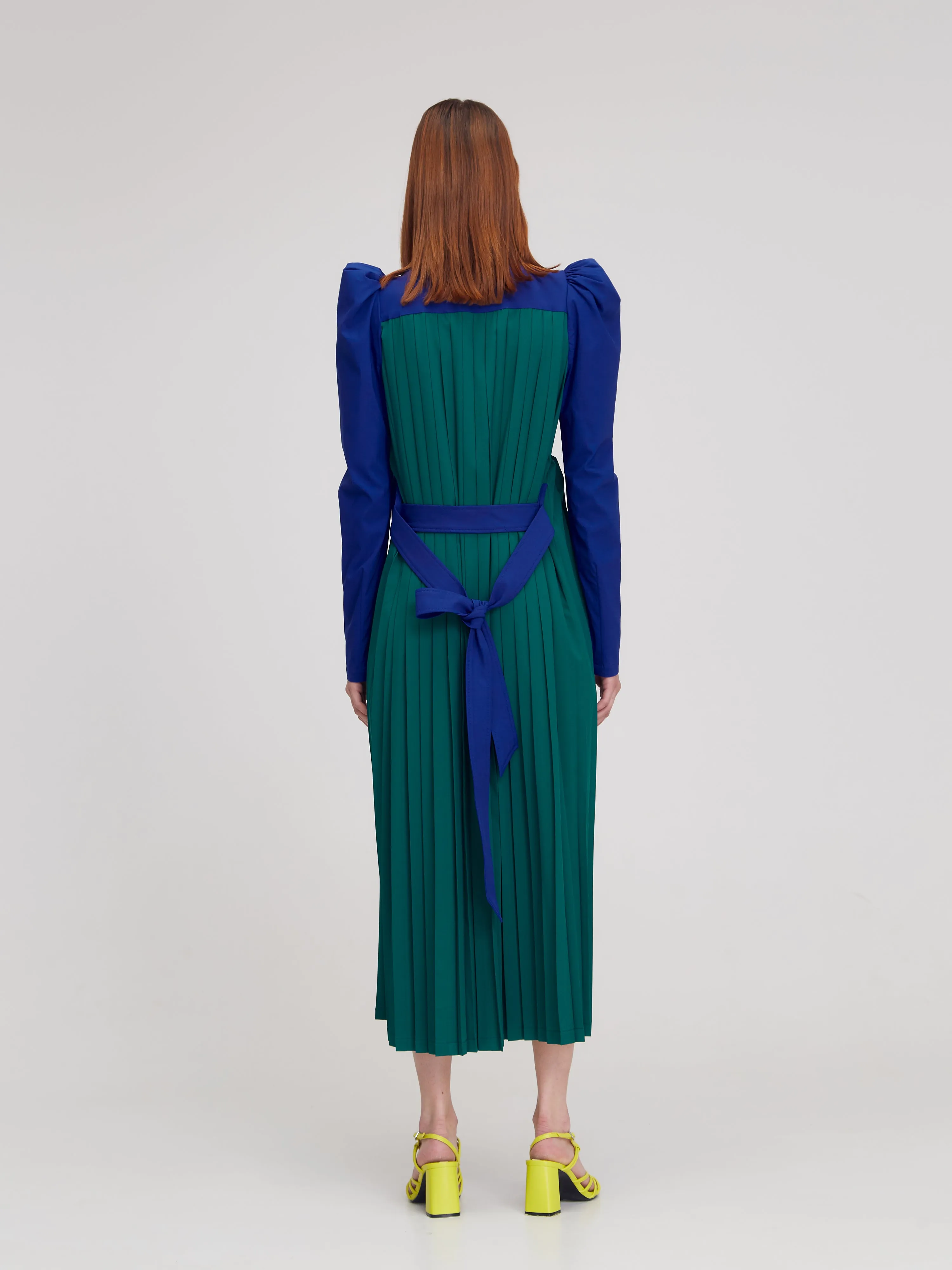 Blue & Green Puff Long Sleeve High Neck Pleated Belted Zip Front Futuristic Midi Dress