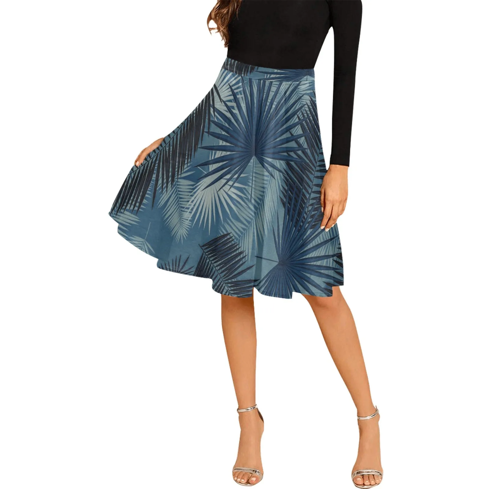 bluish gray palms Melete Pleated Midi Skirt (Model D15)