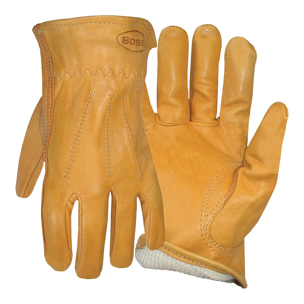 BOSS 6133L Driver Gloves, L, Keystone Thumb, Open, Shirred Elastic Back Cuff, Cowhide Leather, Gold