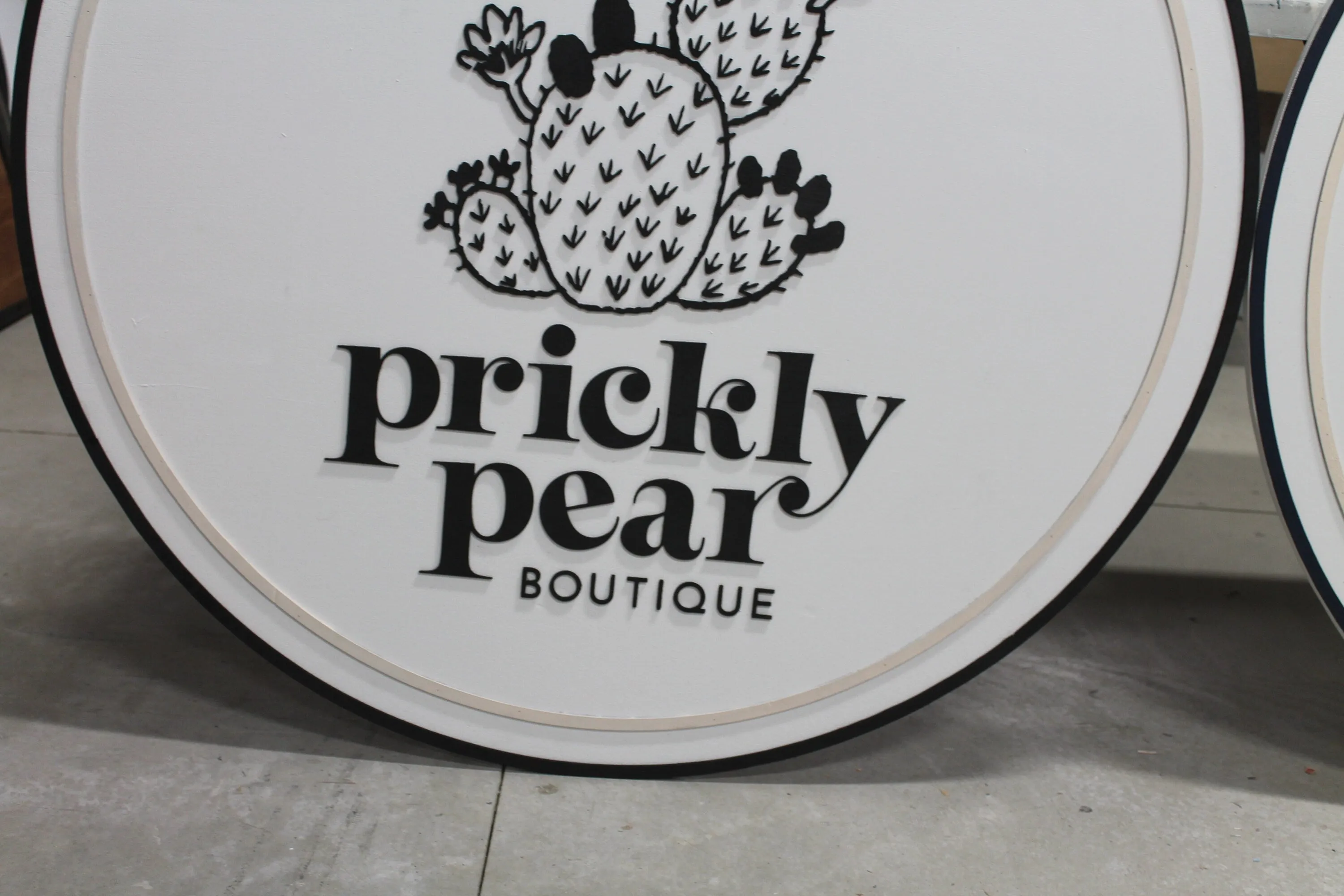 Cactus Prickly Pear Handmade Custom Commerical Signage Boutique Store Front Sign Back and White 3D Raised Round Circle Sign