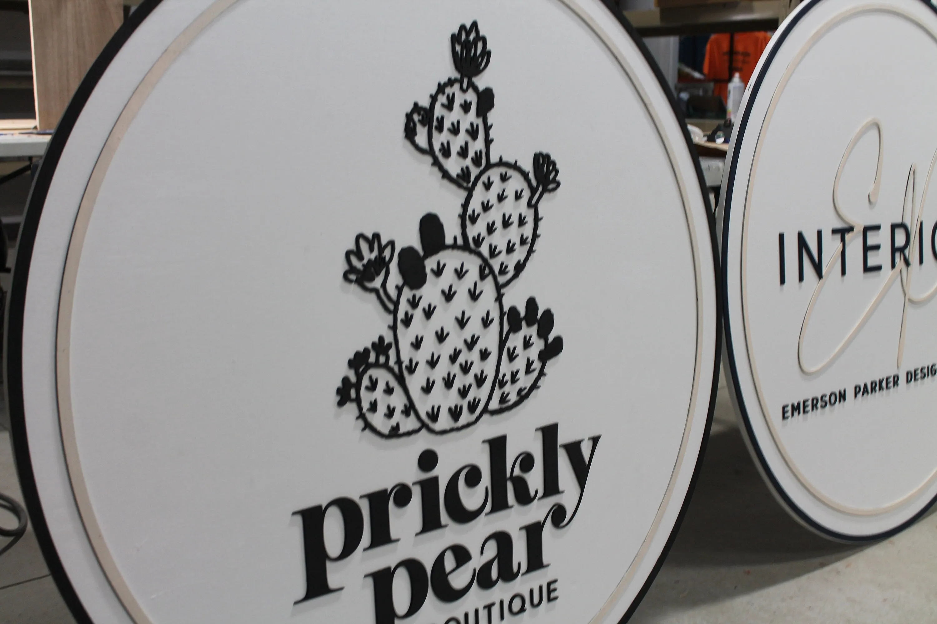 Cactus Prickly Pear Handmade Custom Commerical Signage Boutique Store Front Sign Back and White 3D Raised Round Circle Sign