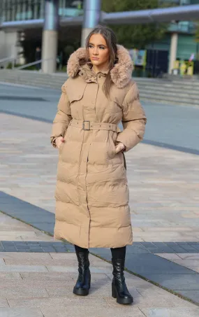 Camel Long Puffer Duvet Coat With Belt and Fur Hood