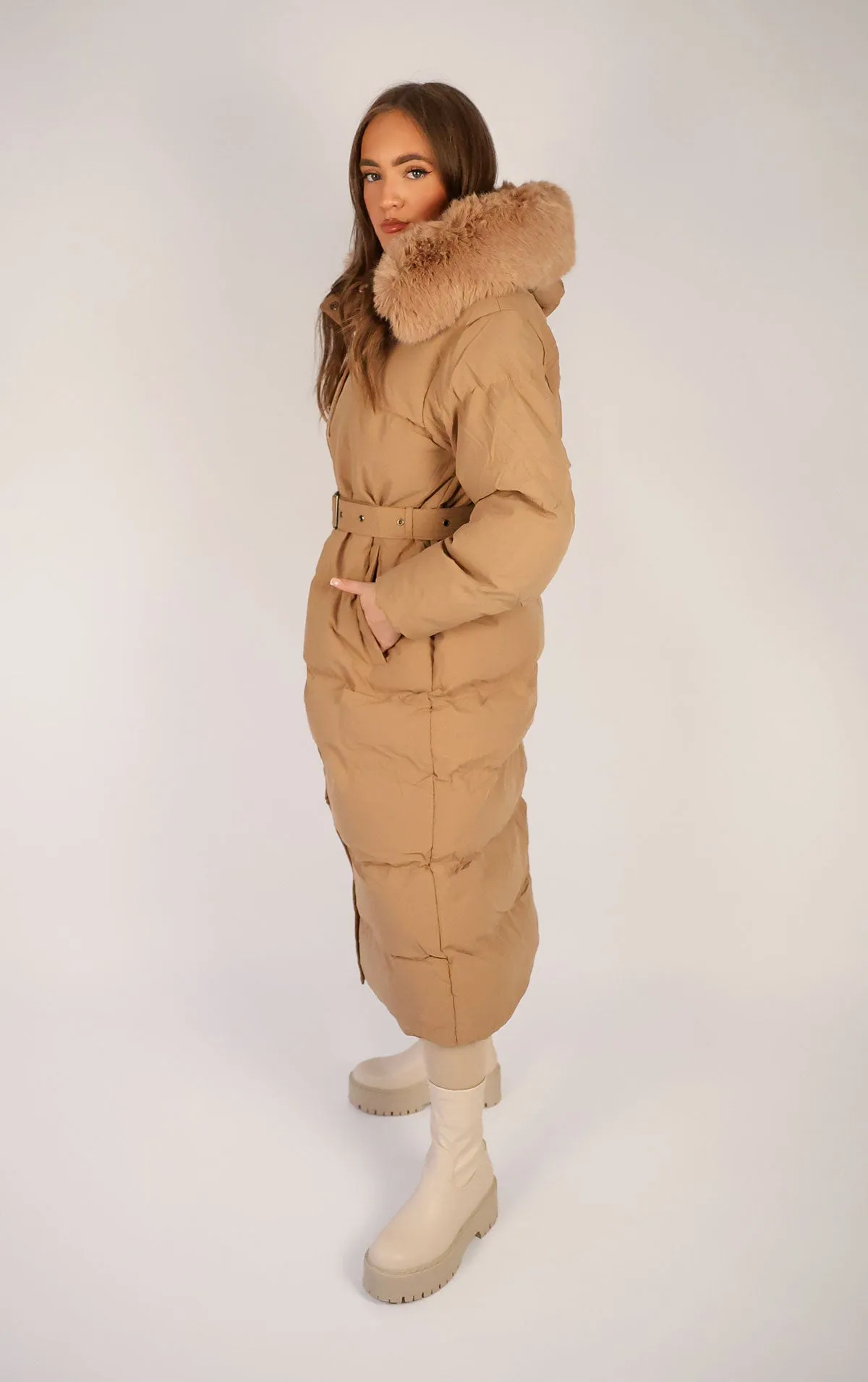 Camel Long Puffer Duvet Coat With Belt and Fur Hood