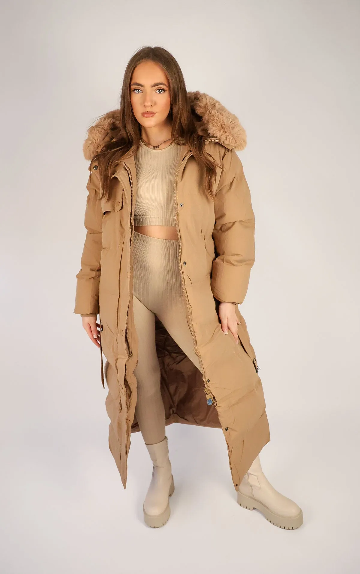 Camel Long Puffer Duvet Coat With Belt and Fur Hood