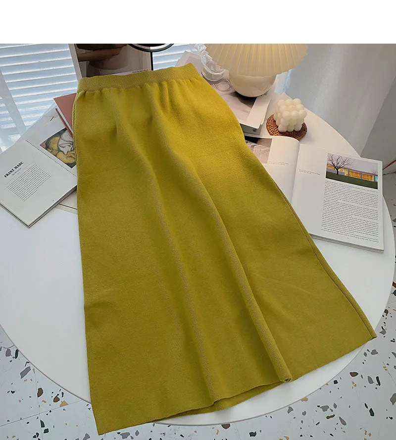 Casual retro solid high waist versatile Knit Skirt  5774