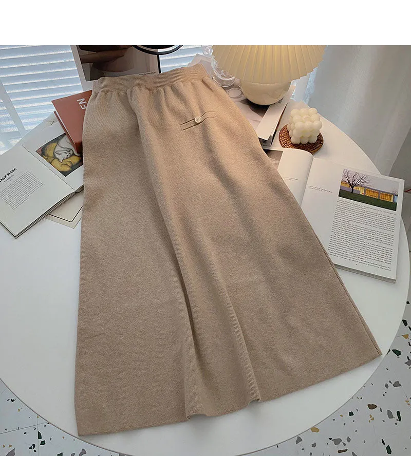 Casual retro solid high waist versatile Knit Skirt  5774