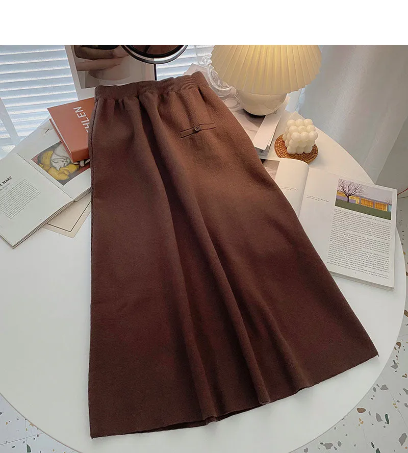 Casual retro solid high waist versatile Knit Skirt  5774