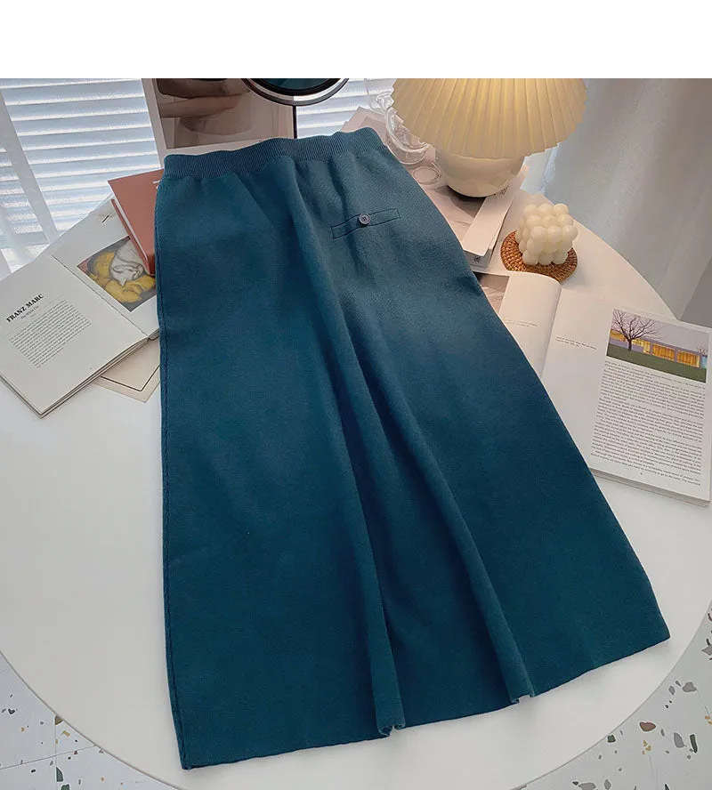 Casual retro solid high waist versatile Knit Skirt  5774