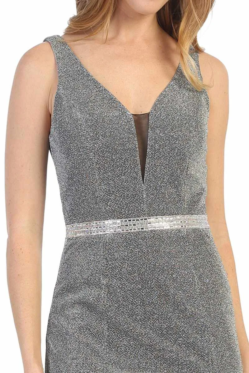 Celavie 6483-S V-Neck Glittery Short Wedding-Guest Dress