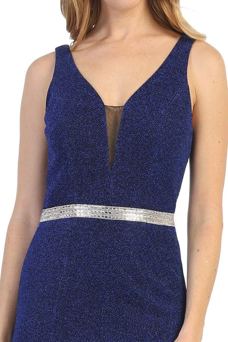 Celavie 6483-S V-Neck Glittery Short Wedding-Guest Dress