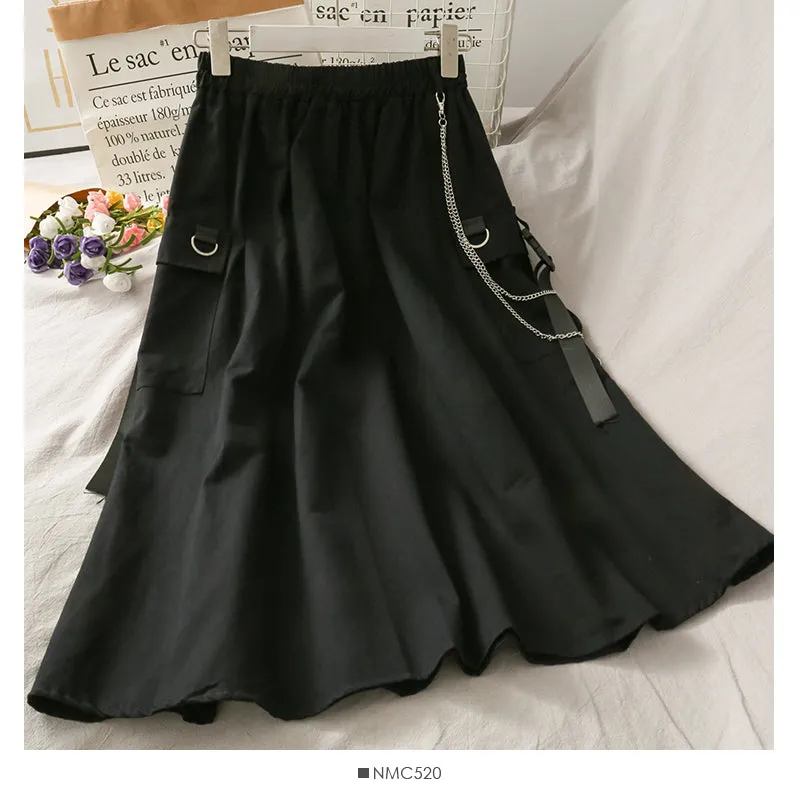 Chain decorative buckle tooling elastic waist A-shaped skirt  2656